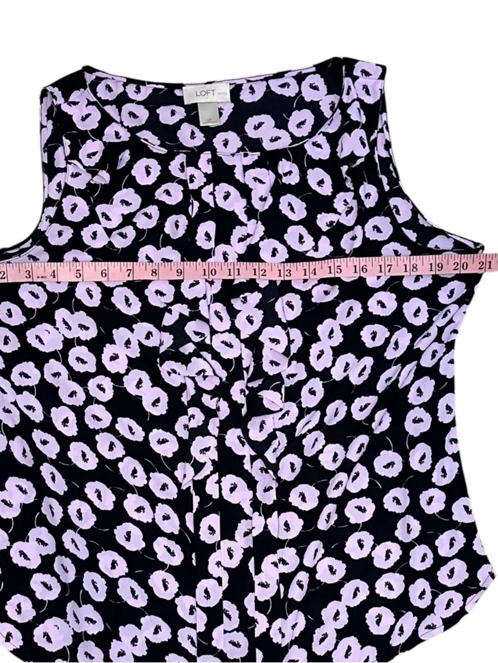 LOFT Black Sleeveless Blouse with Lilac Floral Pattern and Front Ruffle Size LP - Picture 9 of 11
